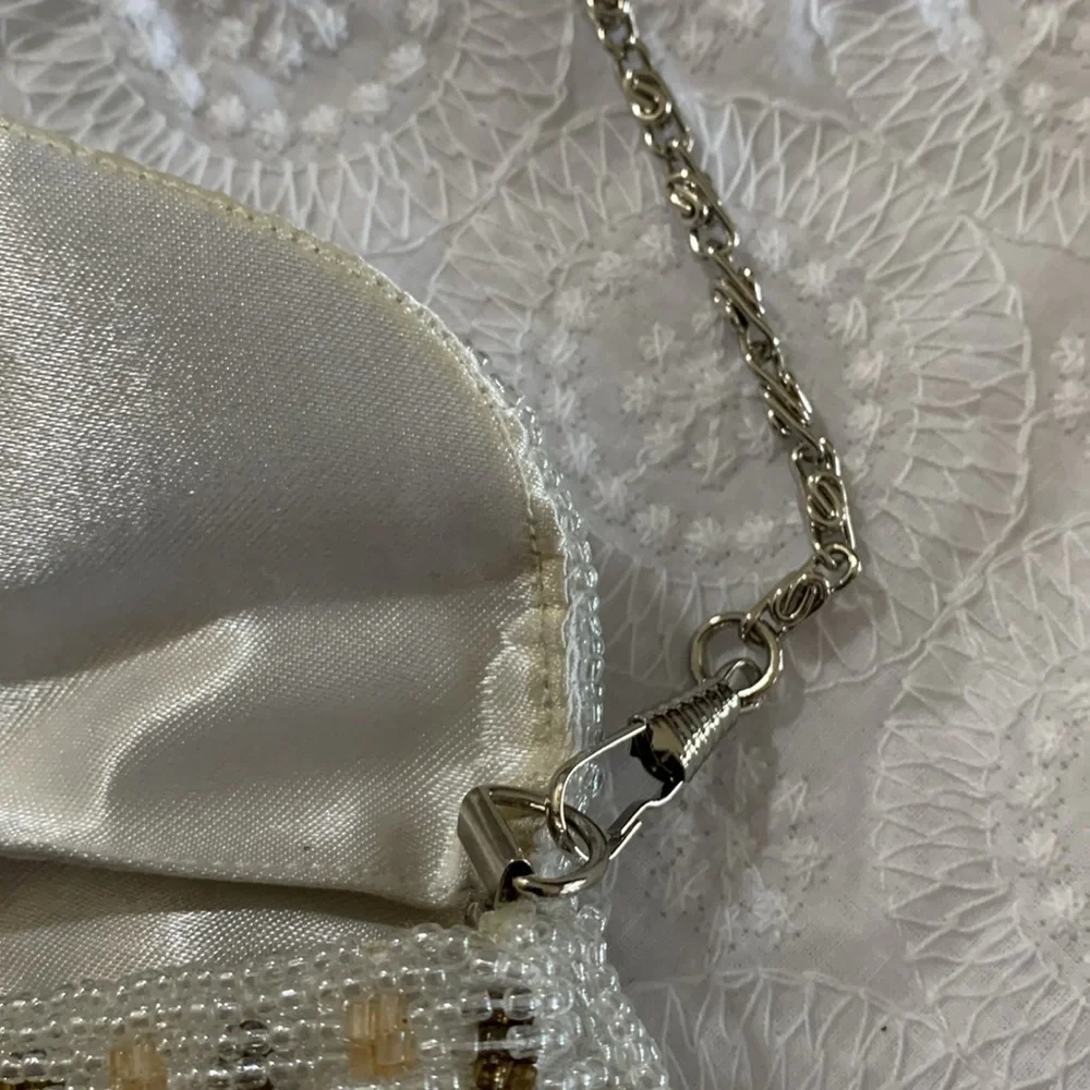 Moni Couture stunning ivory bronze beaded clutch shoulder evening formal bag EUC